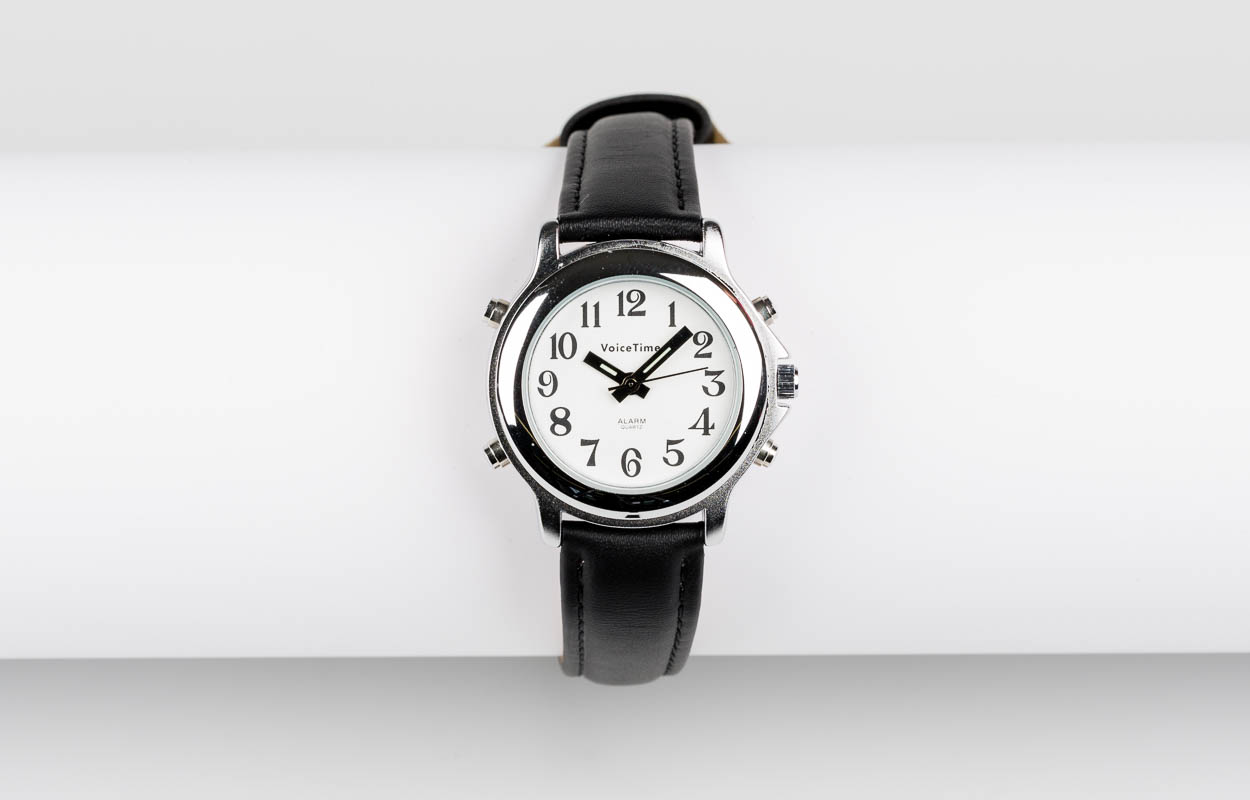 Armbanduhr VoiceTime, Deutsch, 32 mm5 Knöpfe, Alarm, Datum, Chrom, Lederband