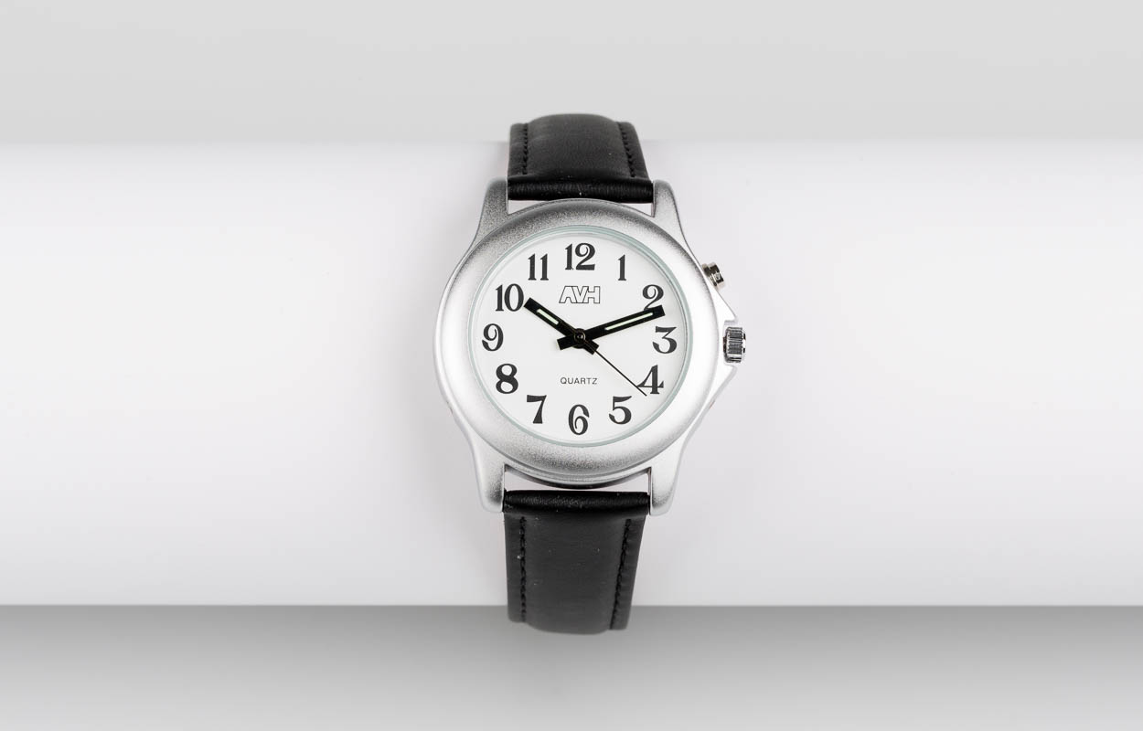 Armbanduhr AVH Einknopf 38 mm sprechend, französisch, Lederband